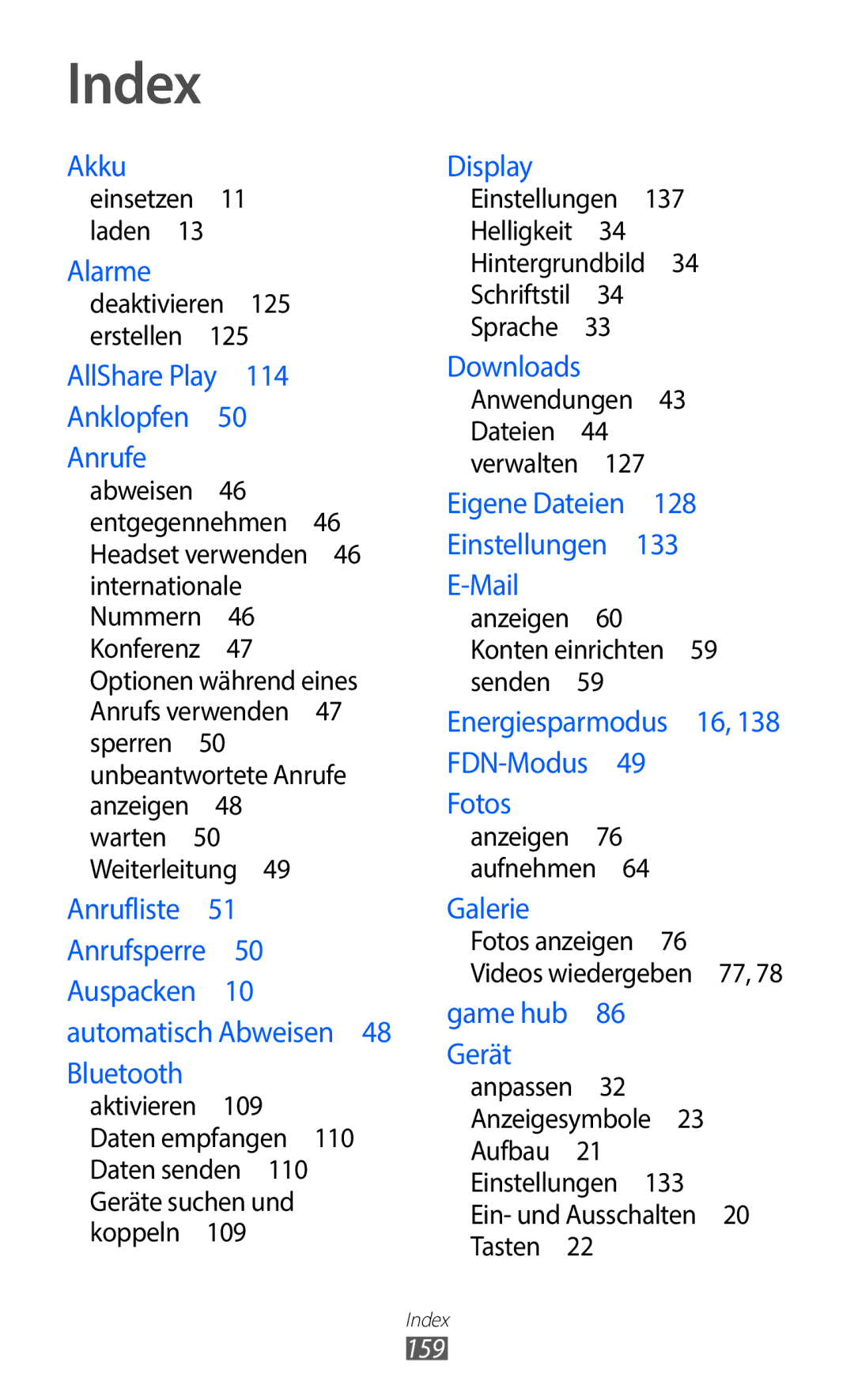 Samsung GT-I9100RWRDBT, GT-I9100LKAXSP Anwendungen 43 Dateien 44 verwalten , Anzeigen Konten einrichten 59 senden , 159 